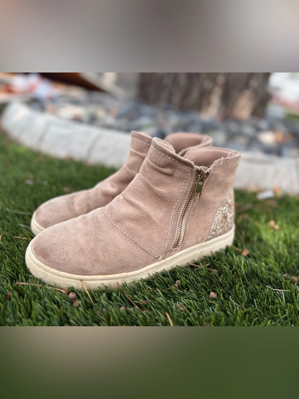 Girls' Taupe Suede Zip Ankle Boots with Glitter Heel Accent
